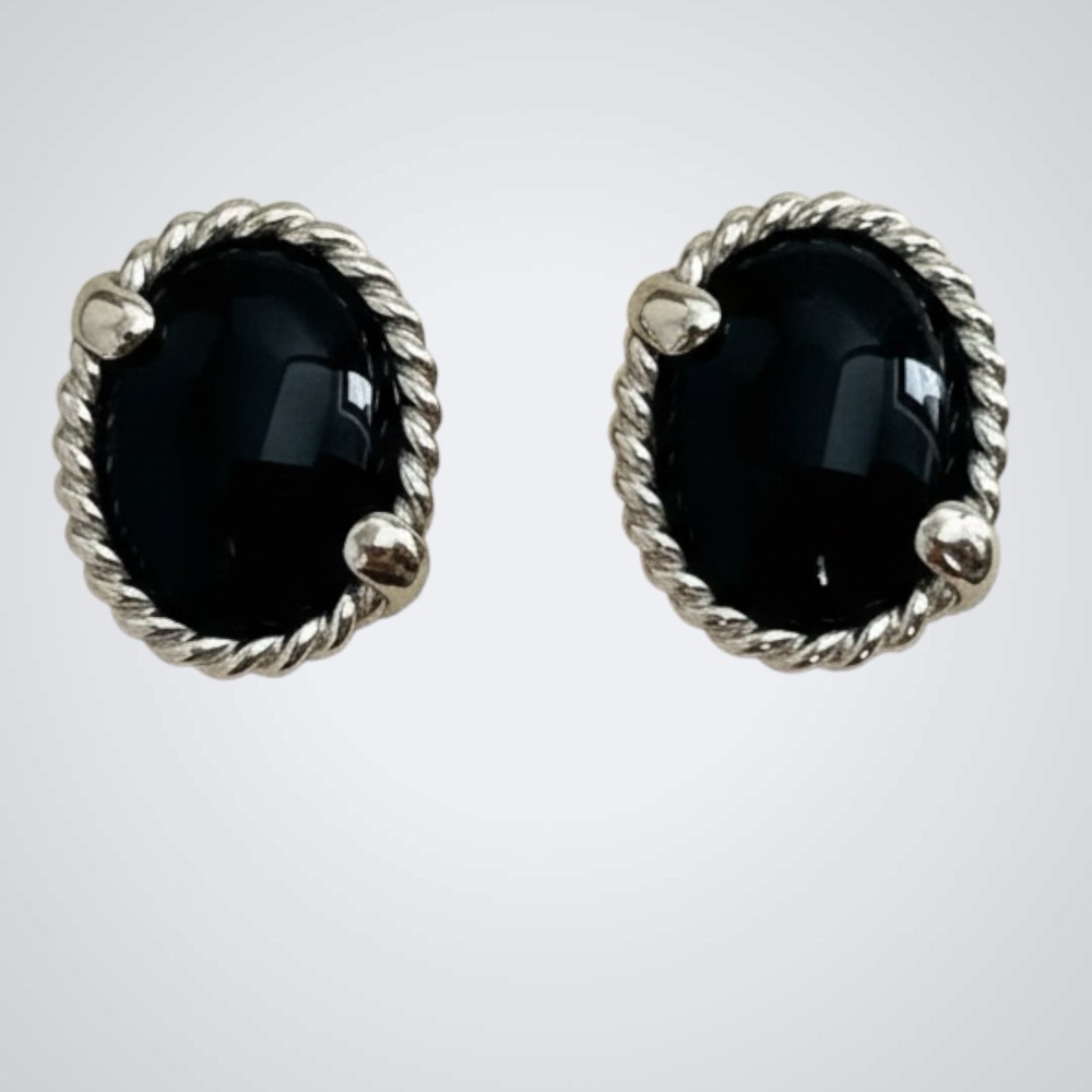 Kabana KBN Black Onyx Earrings 925 Sterling Silver 14K Gold Accent Oval